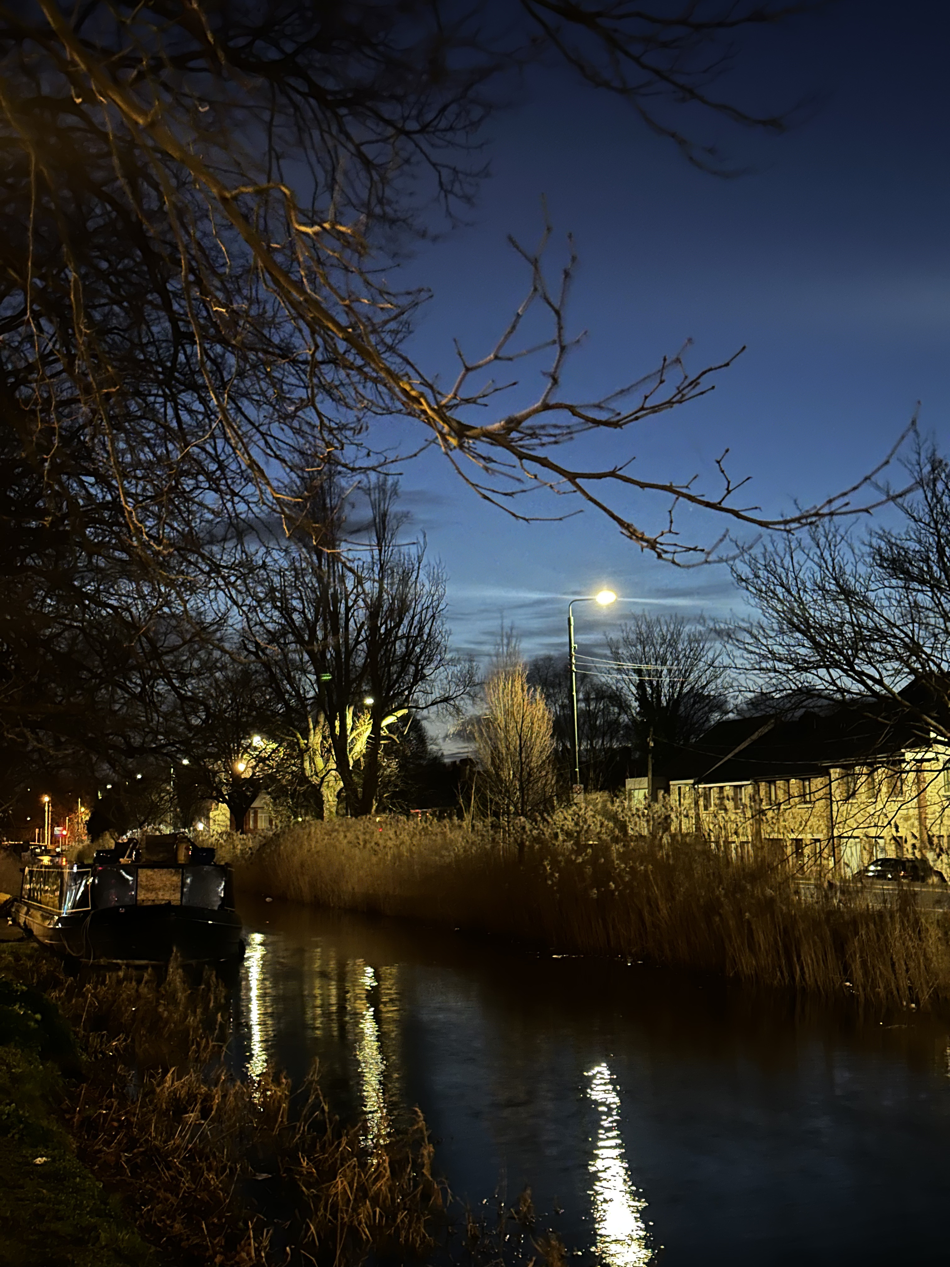 Grand Canal at blue hour. A barge, a lamppost, a moon.